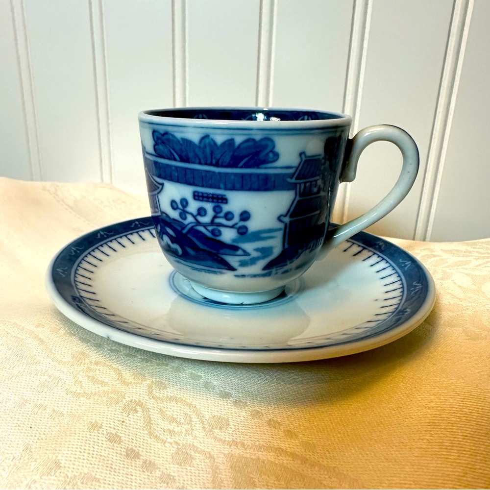 Chinese Canton Demitasse Blue & White Cup and Saucer- Antique